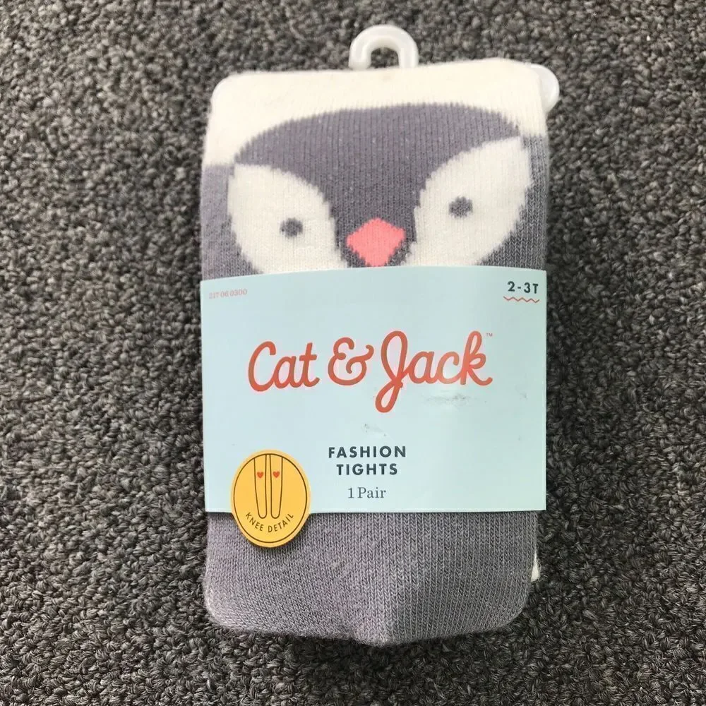 NEW Cat & Jack Footed Tights Knee Detail Size 2 3T Grey Ivory Penguin Cotton Ble